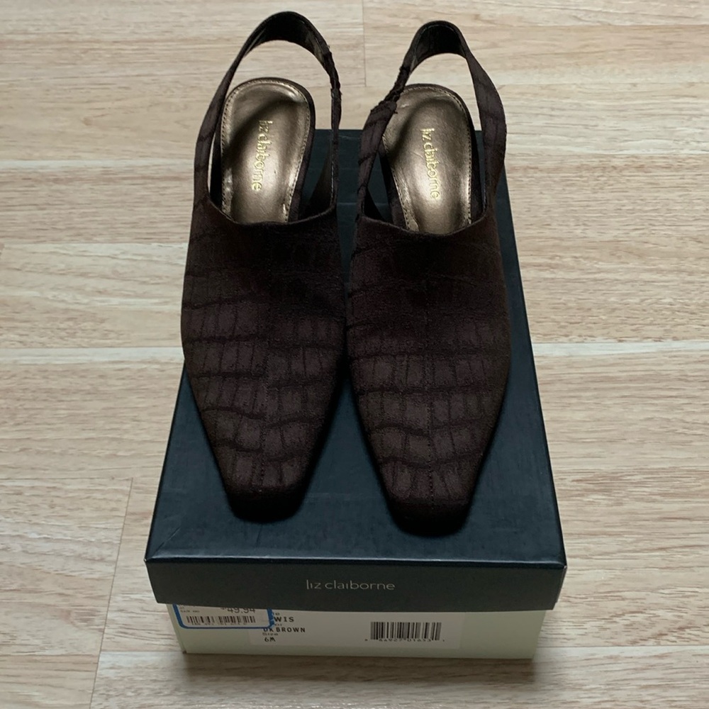 NOS LIZ CLAIBORNE Dark Brown Sling Back Shoes “LEWIS” Size 6M Dated 2009